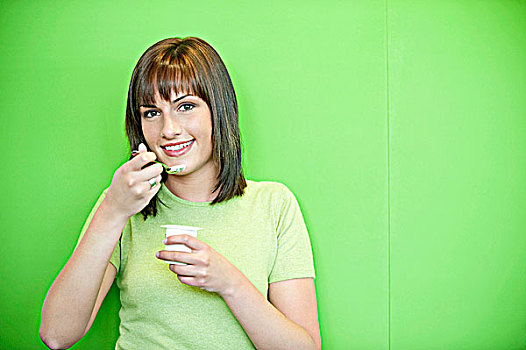女人,肖像,吃,酸奶