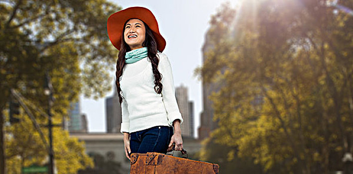 合成效果,图像,亚洲女性,帽子,拿着,行李,人行横道