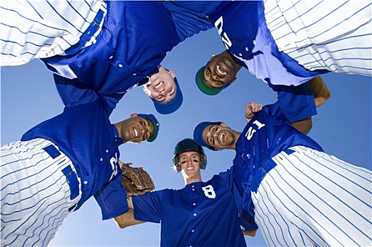 棒球队,蓝色,制服,站立,簇拥,微笑,头像,仰视