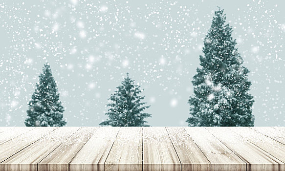 圣诞节,新年,背景,木桌子,上面,模糊,圣诞树,松树,冷杉,下雪