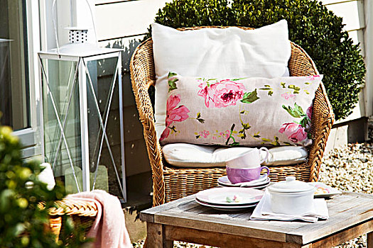 茶,花园,藤条,椅子,垫子,杯子,乡村,桌子,正面,房子