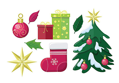 寒假,设计,矢量,插画,圣诞树,雪中,绿色,红色,礼盒,叶子,圣诞袜,星,玩具,圣诞节,新年,庆贺