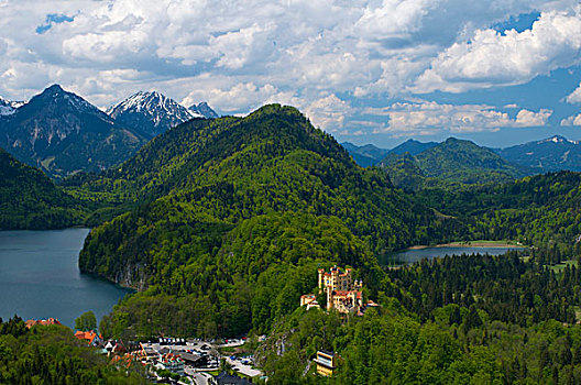 风景,新天鹅堡,城堡,上方,旧天鹅堡,湖,巴伐利亚,德国,欧洲