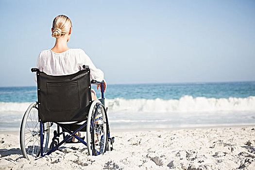 女人,轮椅,放松,海滩