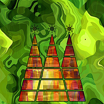 艺术,三个,圣诞树,红色,金色,彩色,抽象图案,抽象,图案,背景,绿色