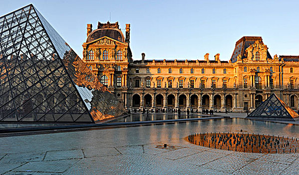亭子,左边,右边,玻璃,金字塔,入口,正面,卢浮宫,宫殿,博物馆,晚间,亮光,巴黎,法国,欧洲