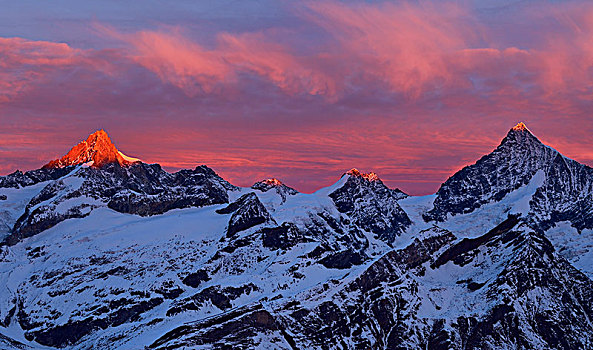 雪,红色,黎明,发光,凹,右边,戈尔内格拉特,策马特峰,瓦莱州,瑞士,欧洲