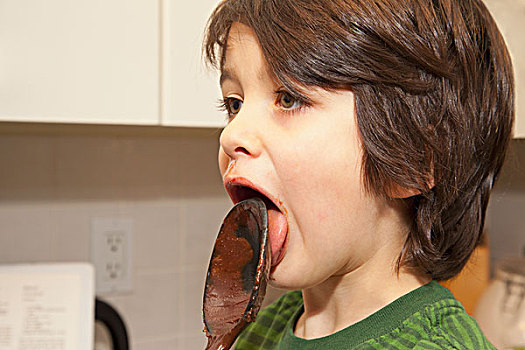 男孩,舔,勺子,巧克力,不列颠哥伦比亚省,加拿大