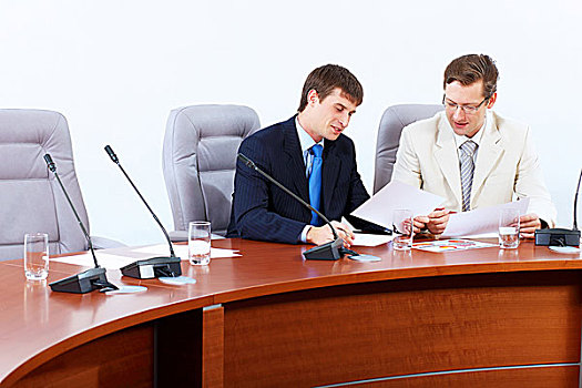 图像,两个,商务人士,坐,桌子,会议