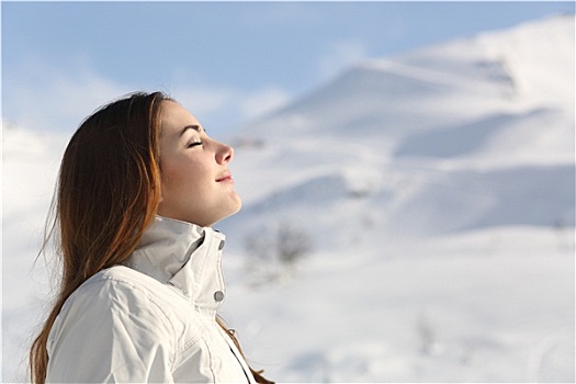 探索,女人,呼吸,清新空气,冬天,雪,山