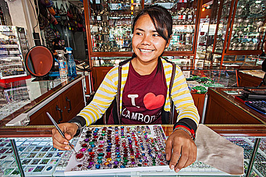 柬埔寨,收获,老,市场,宝石,饰品,摊贩
