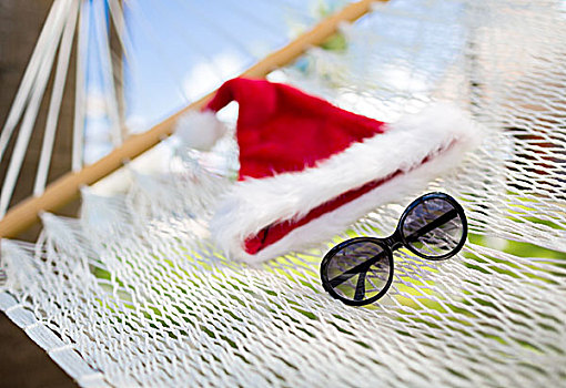 度假,圣诞节,假日,概念,照相,吊床,圣诞老人,帽子,墨镜