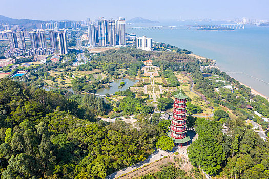 航拍广东广州大角山南沙天后宫