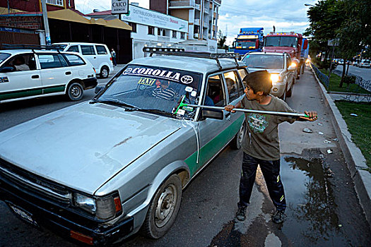 街道,儿童,男孩,11岁,清洁,挡风玻璃,玻利维亚,南美