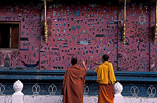 亚洲,老挝,两个,僧侣,正面,壁画,寺院