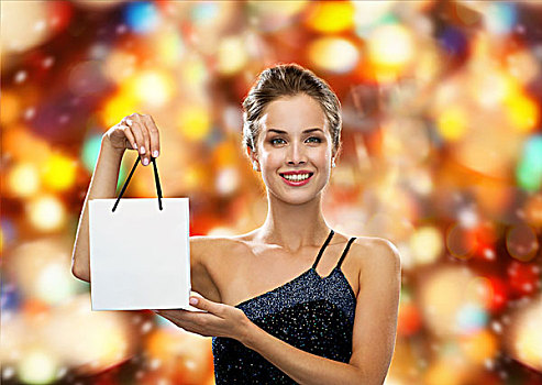奢华,广告,寒假,圣诞节,销售,概念,微笑,女人,白色,留白,购物袋,上方,红灯,背景