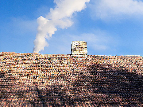 瓦屋顶,特写,烟囱,烟