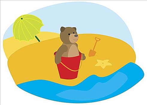 熊,坐,桶,海滩