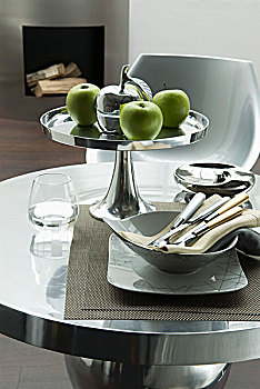 青苹果,银,水果摊,碗,餐具,圆,桌子