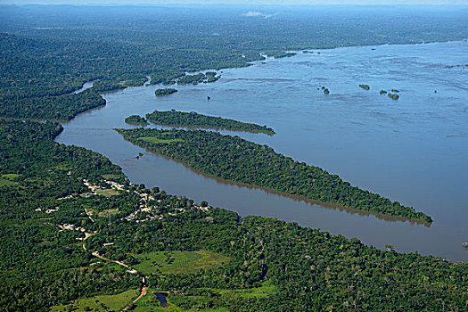 航拍,渔村,塔帕若斯河,亚马逊雨林,坝,洪水,水力发电厂,植物,巴西,南美