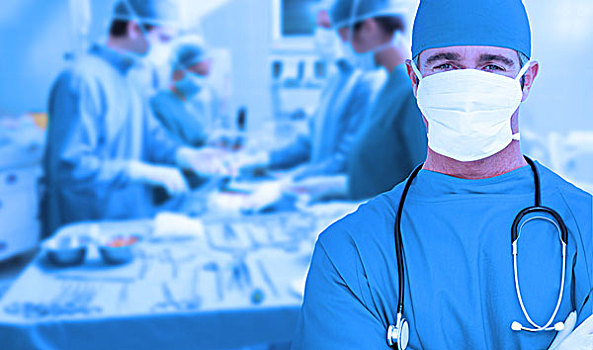 医生,站立,手术室,正面,手术,蓝色背景