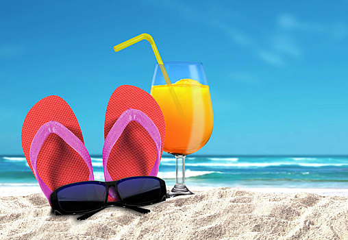 拖鞋,橙色,饮料,海滩