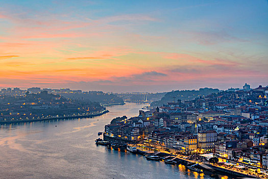 俯视,杜罗河,欧洲,河,光亮,日落,波尔图,葡萄牙