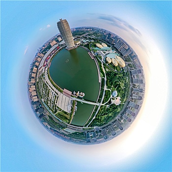 小行星视角,航拍河南郑州郑东新区cbd如意湖畔,大玉米,绿地中心千玺广场,球形全景图