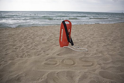 漂浮器具,海滩,sos,书写,沙子,马略卡岛,巴利阿里群岛,西班牙