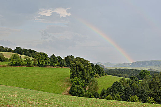 彩虹,风景,撒克逊瑞士,砂岩,山,萨克森,德国,欧洲