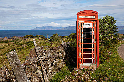 红色,电话亭,旁侧,道路,海岸,阿盖尔郡,苏格兰