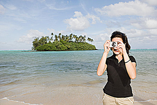 女人,照相,海滩,岛屿,背景