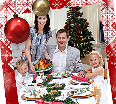 父母,孩子,庆贺,圣诞晚餐,火鸡