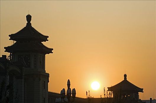 中国,北京,日落,车站