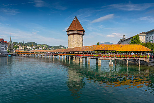 著名,小教堂,桥,木质,步行桥,河,城市,瑞士