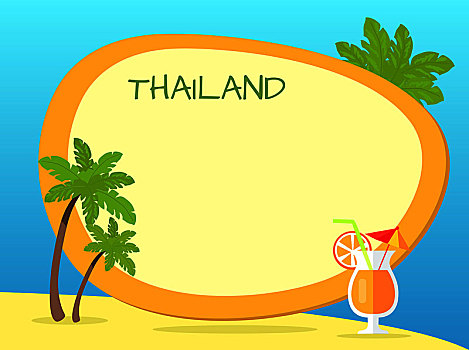 泰国,绿色,铭刻,标签,黄色,边界,热带,岛,棕榈树,鸡尾酒,红色,伞,切片,橙色,沙滩,彩色,矢量,东方风情,地点,文字