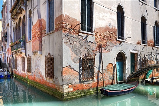 古老,砖砌建筑,小,运河,船,桥,威尼斯,意大利