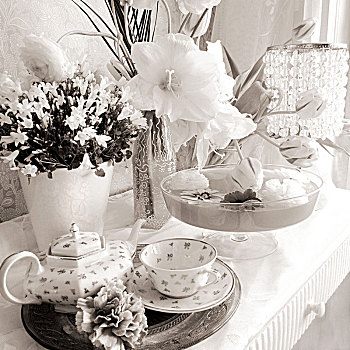 静物,花,孤挺花,茶具
