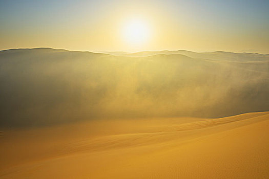 金色,发光,晨雾,沙子,海洋,利比亚沙漠,撒哈拉沙漠,埃及,北非,非洲