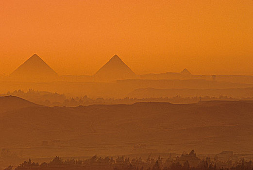埃及,法老,吉萨金字塔,晚上,雾气