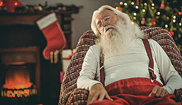 圣诞老人,打盹,扶手椅,在家,客厅
