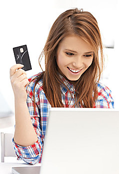 上网,网上购物,概念,高兴,少女,笔记本电脑,信用卡