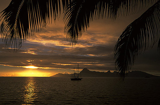 法属玻利尼西亚,社会群岛,塔希提岛,日落,帆船