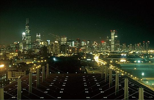 北美,天际线,夜晚,伊利诺斯,芝加哥,希尔斯大厦,摩天大楼,光亮,全景,城市,暗色