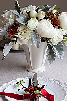 冬天,插花,花瓶,餐具摆放,桌上,加拿大