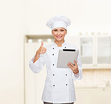 烹调,科技,概念,微笑,女性,厨师,烹饪,做糕点,平板电脑,电脑,展示,竖大拇指