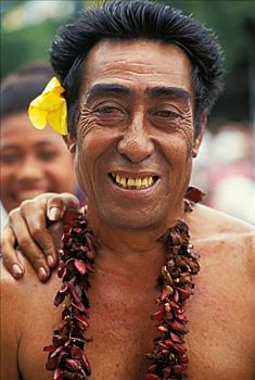 萨摩亚群岛,肖像,老人,萨摩亚,男人,微笑,花,耳,无肖像权