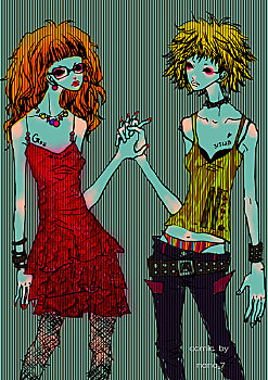 时尚插画,两个女子,眼镜,另类,红吊带裙