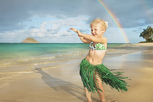 夏威夷,瓦胡岛,女孩,草裙,跳舞,海滩,彩虹,背景