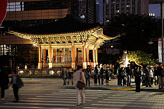 亭子,传统,建筑,靠近,广场,市区,首尔,夜晚,韩国,亚洲